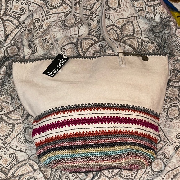 The Sak Faye Large Genuine Leather Tote Stone With Multicolored Crochet Stripes - Picture 9 of 13